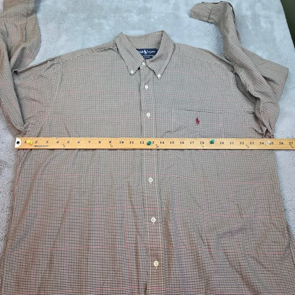 Polo Ralph Lauren Button Down Shirt Mens L Blaire Cotton Micro Check Plaid Tan